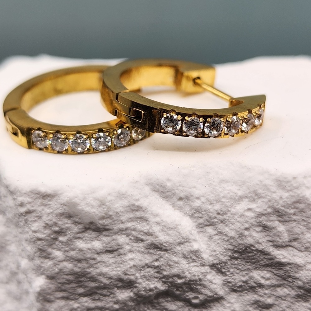 Gold Tone Clear Rhinestone Hoop Earrings Sparkle Huggie Statement Party Gift